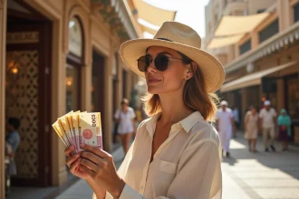 Touriste francophone tenant des billets de dirhams émiratis devant un souk de Dubaï