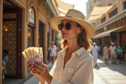 Touriste francophone tenant des billets de dirhams émiratis devant un souk de Dubaï
