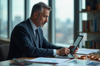 Trader en costume analysant des graphiques dans un bureau industriel
