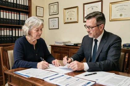 Une femme âgée et un notaire examinent des documents de tutelle dans un bureau juridique traditionnel français