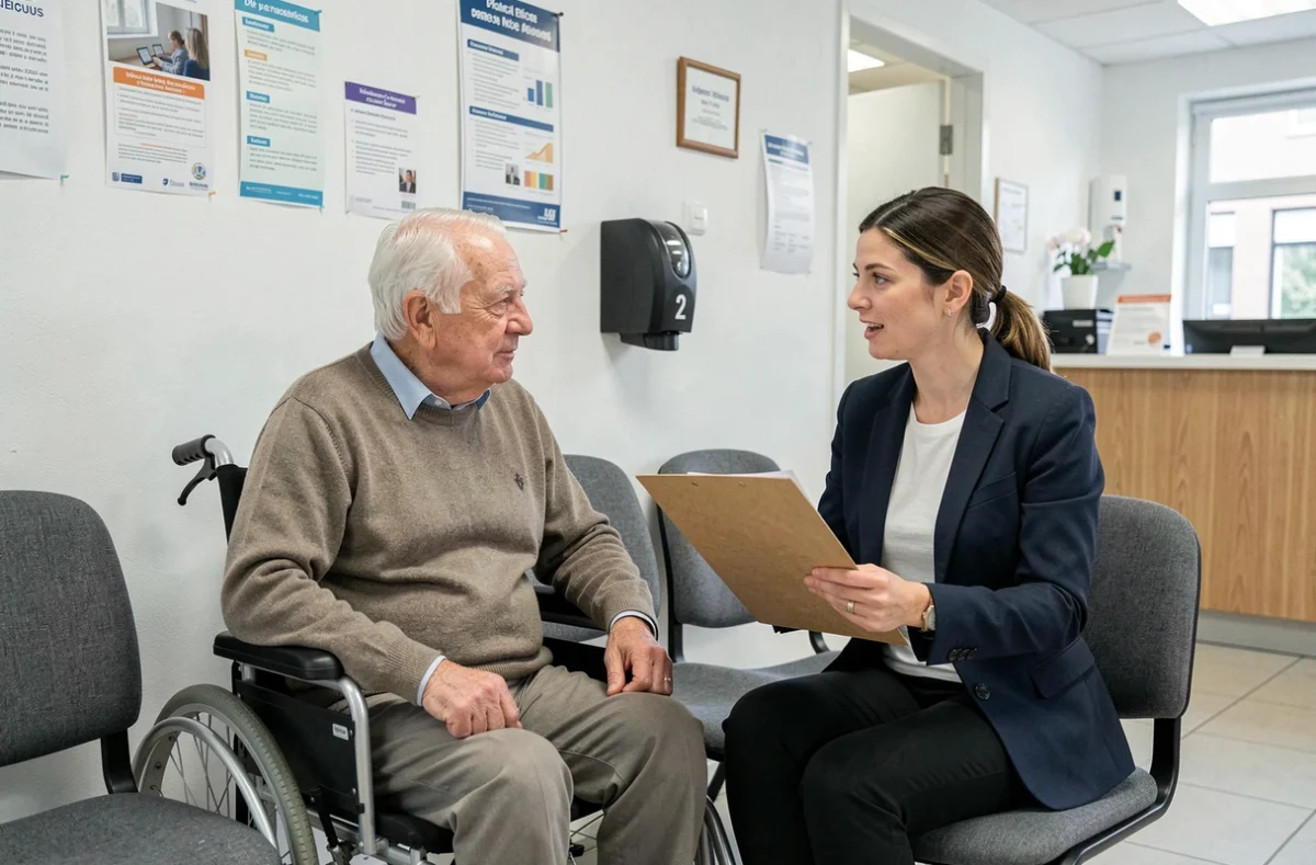 Une tutrice accompagne un homme âgé en fauteuil roulant dans une salle d'attente d'un service administratif français