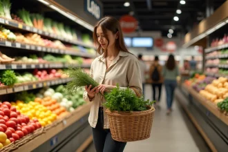 Femme faisant ses courses dans un supermarché avec un panier en osier, illustration de l'utilisation de la carte UpCadhoc pour les achats alimentaires