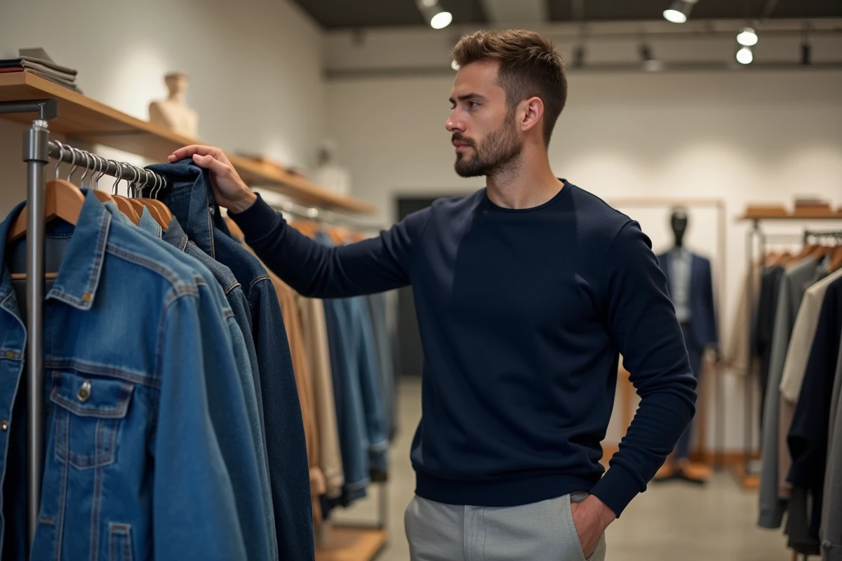 Homme en train de choisir une veste dans une boutique de mode, illustrant l'utilisation de la carte UpCadhoc dans les magasins de vêtements
