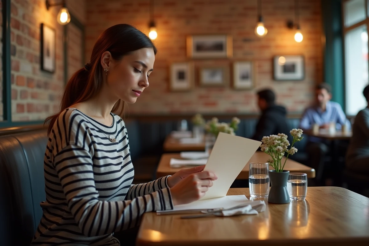 Femme consultant un menu dans un restaurant bistrot, illustrant l'utilisation de la carte UpCadhoc pour payer au restaurant