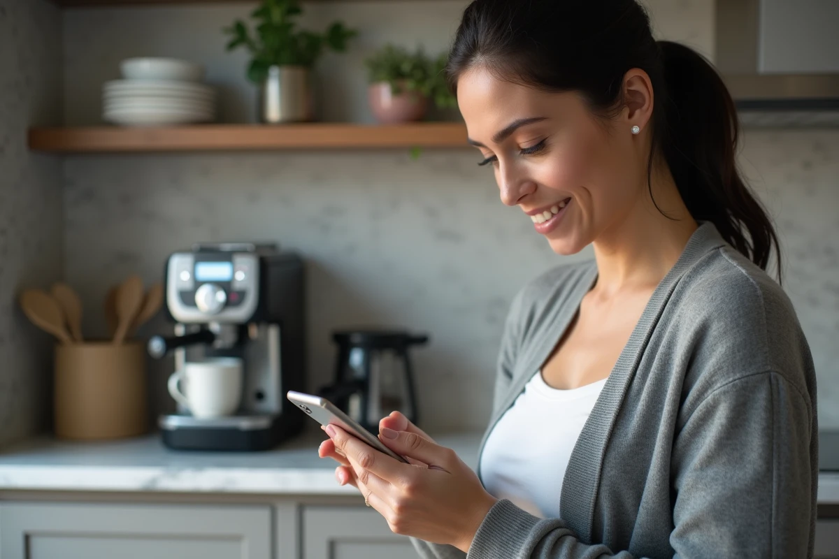 Femme vérifiant son compte bancaire sur smartphone dans une cuisine moderne