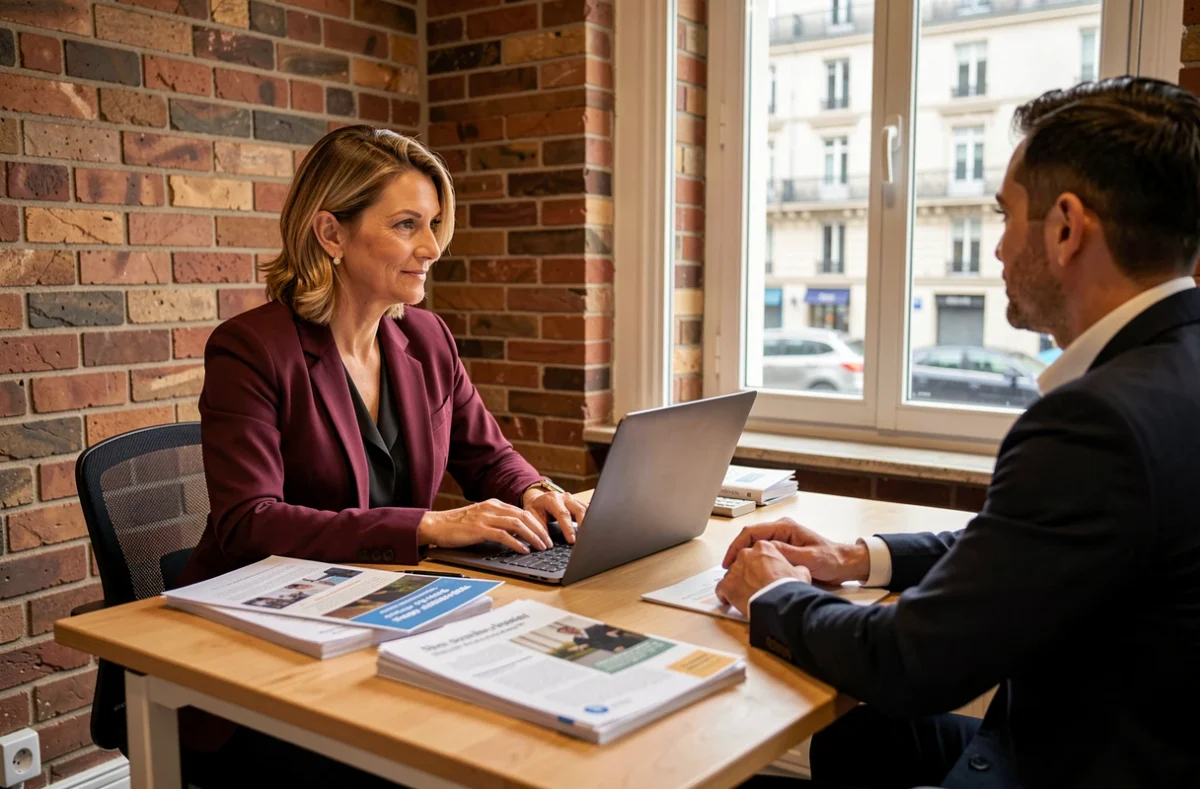 Courtière accompagnant un dirigeant de PME dans un cabinet de courtage à taille humaine à Paris