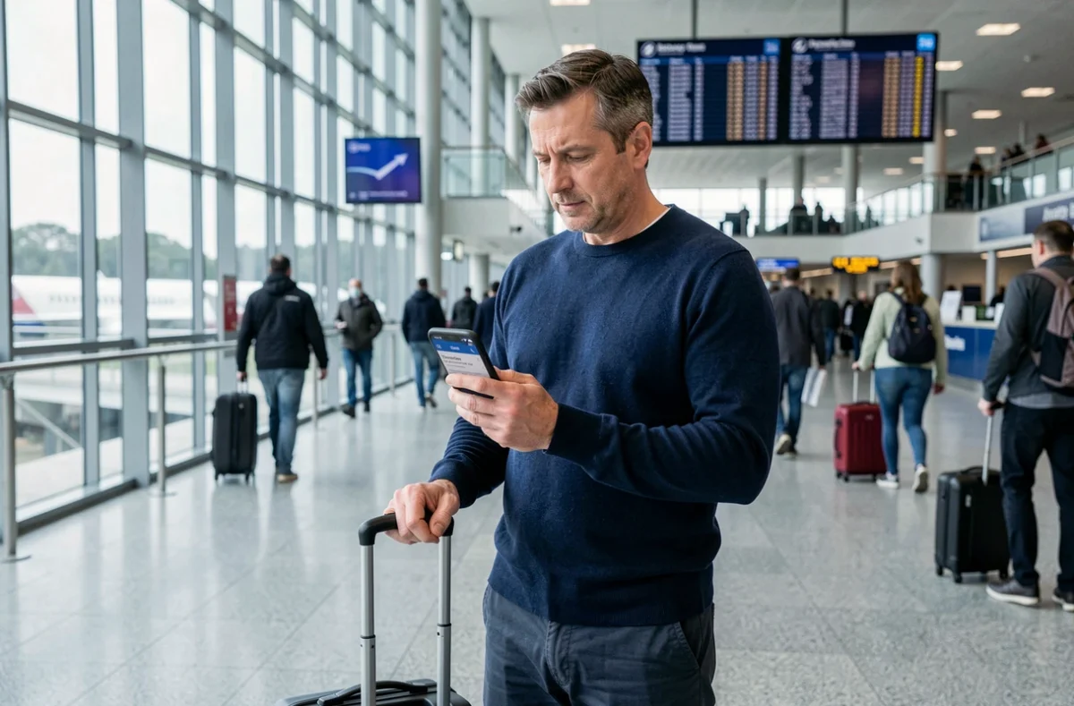 Voyageur vérifiant son assurance Chapka sur smartphone dans un aéroport international