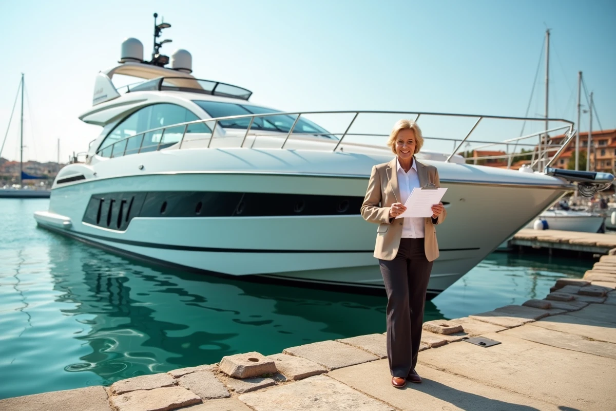 Femme d'affaires consultant des documents fiscaux sur le quai d'un port de plaisance avec un yacht de luxe blanc immatriculé en Andorre