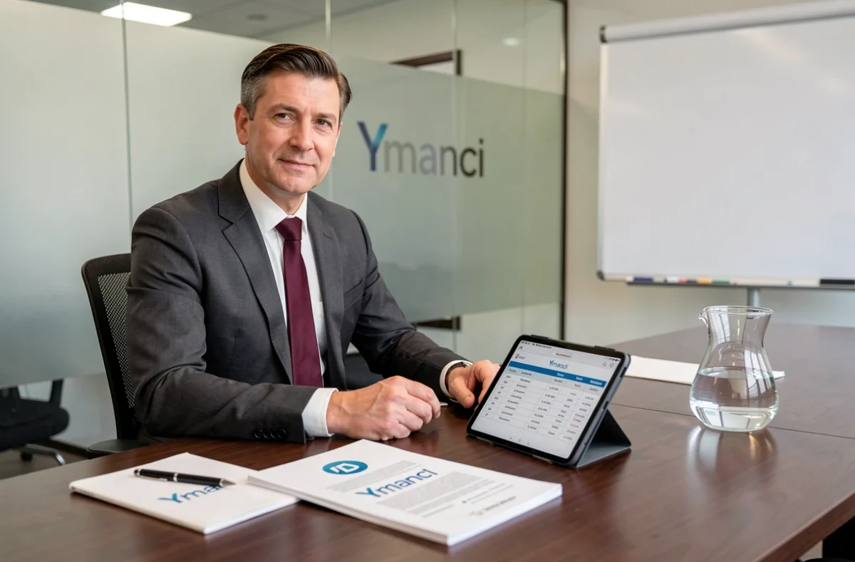 Consultant Ymanci Nice en réunion avec un tableau d'amortissement de prêt sur tablette dans une salle de conférence professionnelle