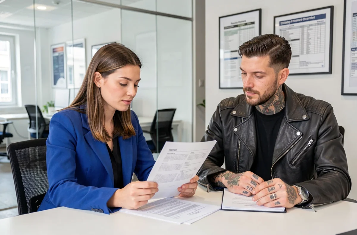 Courtière spécialiste de l'assurance auto accompagnant un client profil atypique dans une agence parisienne